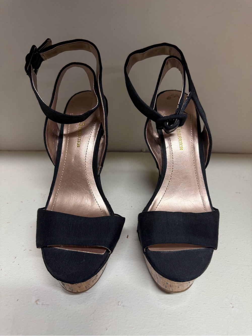 BCBGeneration Black Cork Platform Ankle-Strap Sandals